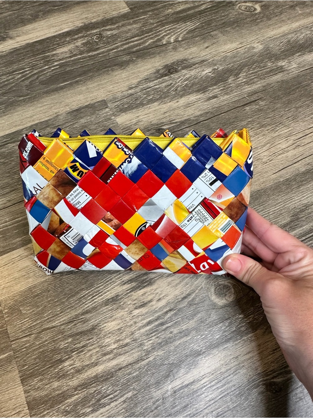 Upcycled Woven Snack Wrapper Zip Pouch Handmade Recycled Clutch Coin Purse 9”